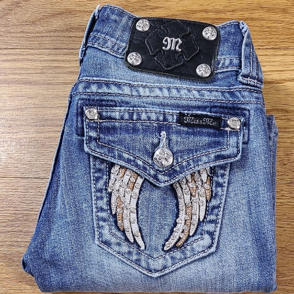 MISS ME VITAGE 24x26 ANKLE SKINNY ANGEL WINGS FADED DISTRESED SPARKLE JEANS